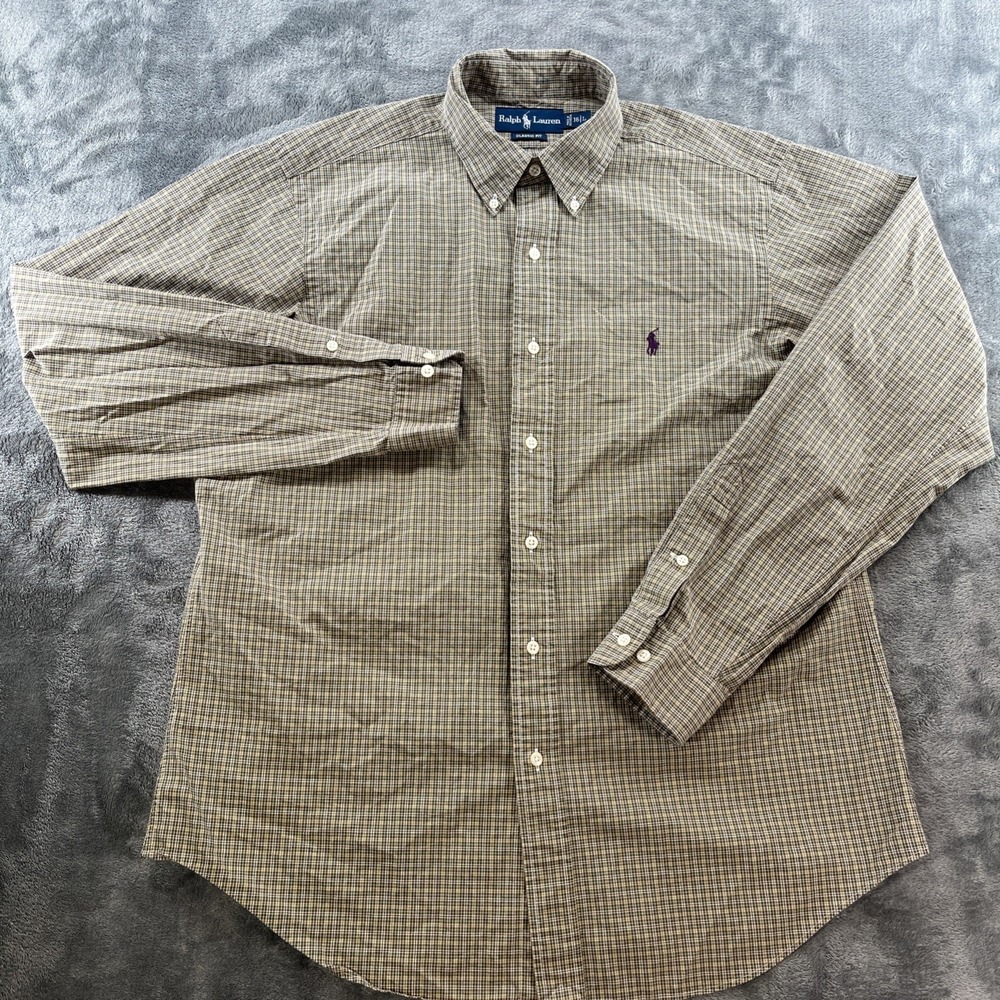 Ralph Lauren Mens Large Button‎ Down Brown Plaid Checker Long Sleeve Purple Pony